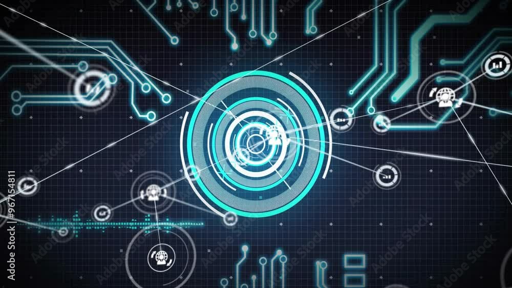 Poster animation of network of connections with globe icons over scope scanning