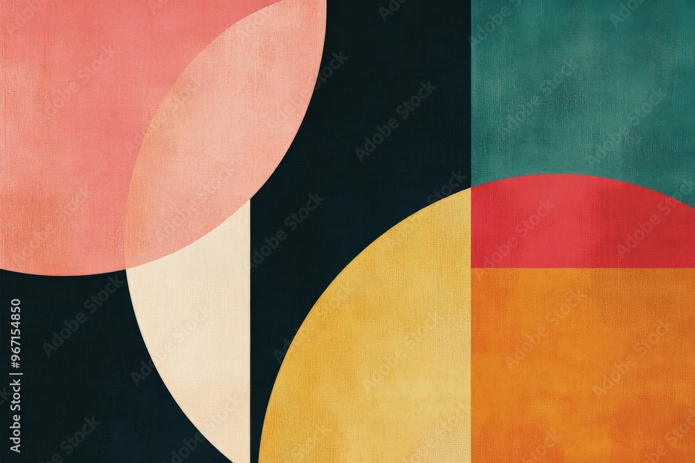 Poster this minimalist artwork features large abstract shapes in red and yellow, set against a dark contras