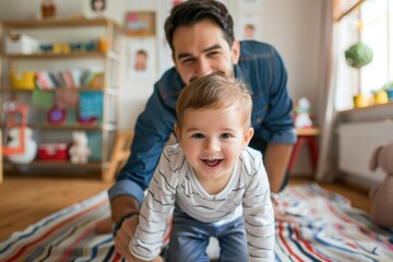 Fototapeta premium A father and his infant child sitting together on the floor, a moment of bonding and intimacy