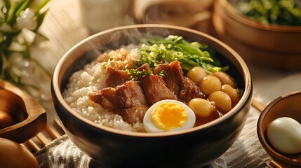 Elegant presentation of steamed rice with braised pork leg, boiled egg, and stewed vegetables, hint of smoky aroma, golden hour lighting creating a sophisticated and appetizing look, inviting mood