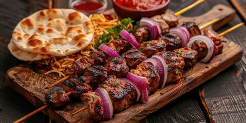 Fototapeta premium Close up top view of skewers with grilled meat red onion rings sauce and pita bread served on a wooden board on a wooden table
