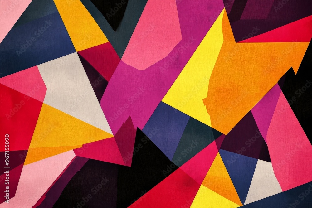 Poster this image features a vibrant geometric abstract artwork with dynamic and bold colors like yellow, p