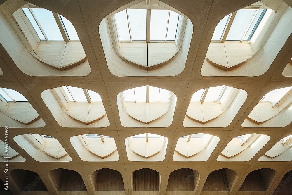 Poster This image captures an architectural ceiling featuring unique geometric patterns with daylight streaming in through multiple skylights, highlighting the intricate design.