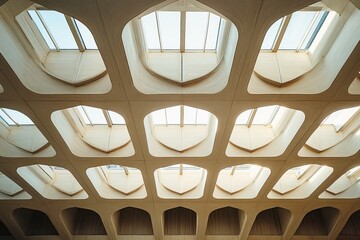 This image captures an architectural ceiling featuring unique geometric patterns with daylight streaming in through multiple skylights, highlighting the intricate design.