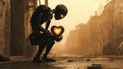A futuristic robot, crouching slightly, cradles a flaming heart in its hands. The scene is cinematic and somber, set against a backdrop of rain, evoking a sense of sadness and gloom.