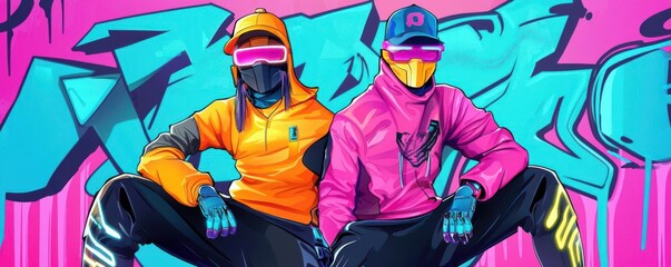 Two characters in futuristic streetwear, posing in front of a graffiti wall, vector illustration with glowing accents