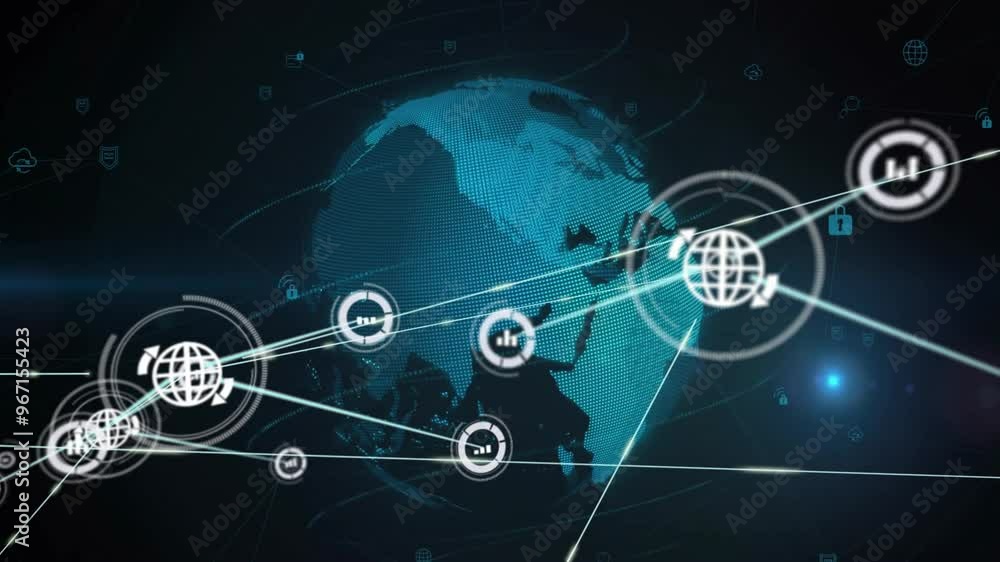 Poster animation of network of connections with globe icons over globe