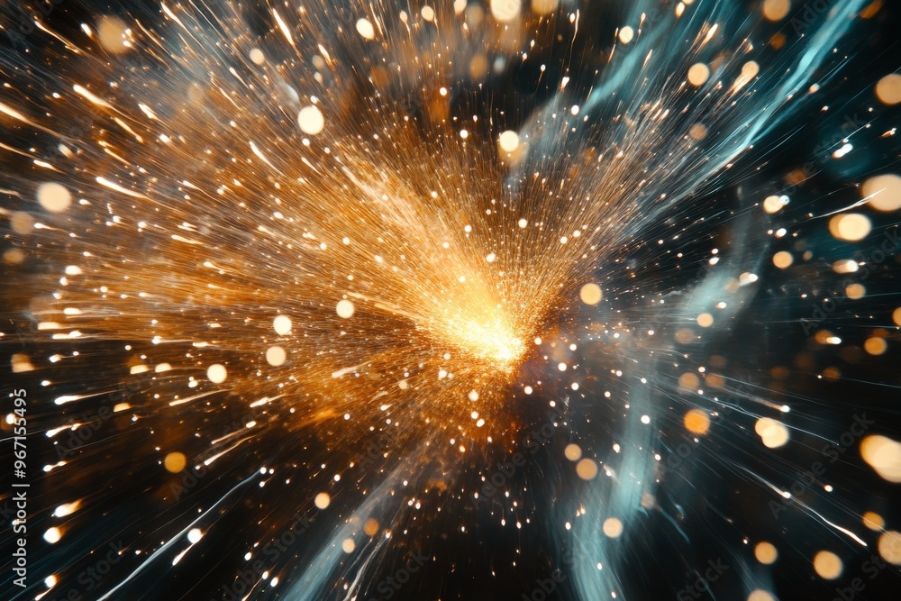 Poster A visually stunning burst of radiant sparks and energetic particles, creating a sense of motion and excitement as they scatter and light up the surrounding space.