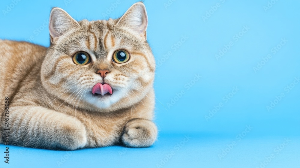 Poster A cat laying down on a blue background with tongue out, AI