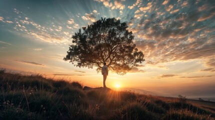 A person stands beneath a large tree, silhouetted against a vibrant sunrise, symbolizing peace, solitude, and connection with nature..