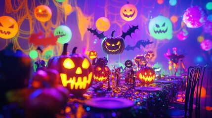 Obraz premium Spooky Halloween Table Setting with Pumpkins and Bats.