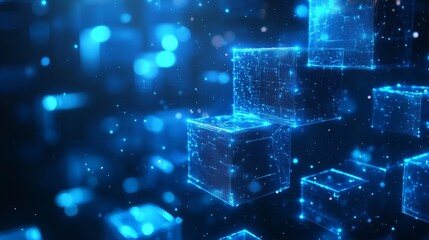 Tech background with interconnected blue cubes, glossy reflections, Double exposure silhouette with AI brain network