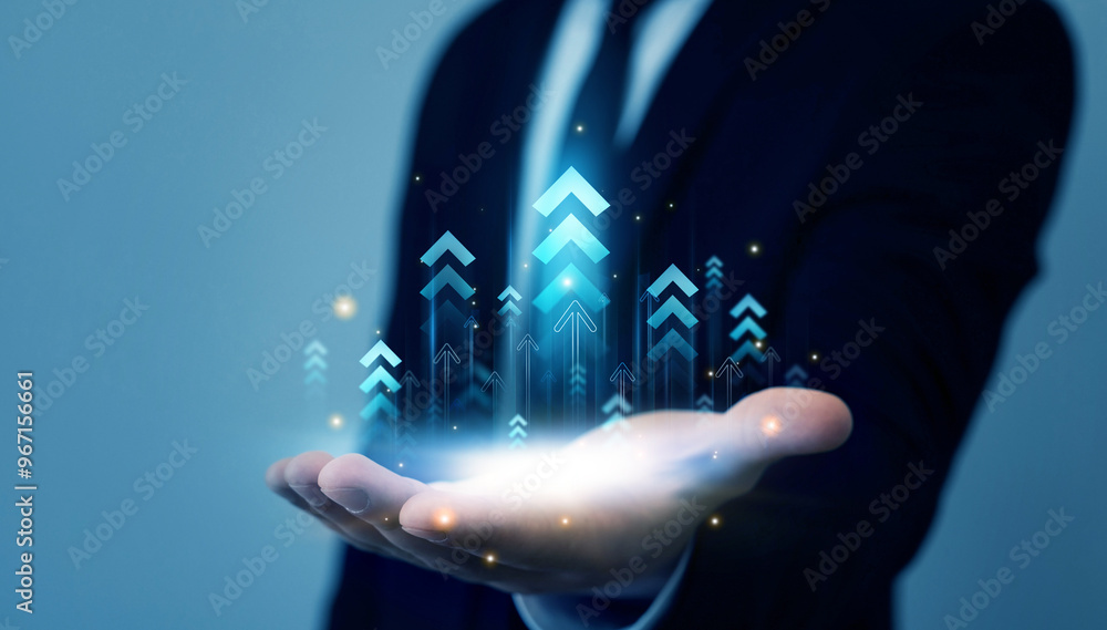 Aufkleber Business arrow chart diagram, growth strategy and achieving goals with the rising arrow.Business strategy development and efficiency growthGrowing graph and annual report for a successful development.