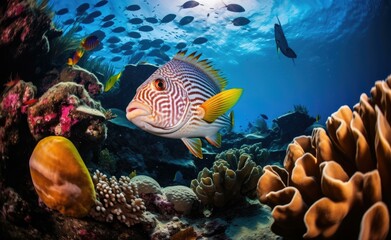 Obraz premium Colorful fish swim among coral reefs. AI.