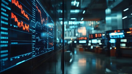 Trading floor with power outage, large screens showing downward stock trends, dim and flickering lights casting eerie shadows, stressed and chaotic atmosphere