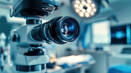 Close-up of a Medical Surgical Microscope Lens in an Operating Room