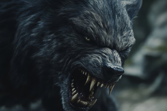 This striking image captures a wild animal with a fierce expression, showing off its sharp teeth. The intensity of the animal's gaze and its bared teeth provide an impactful composition.