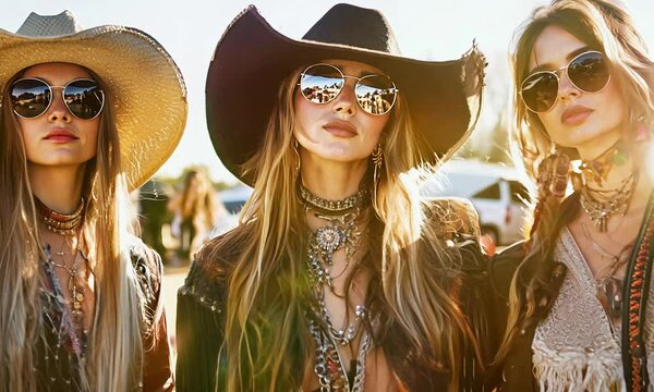 Three girls models in western style posing for camera. Fashion concept.