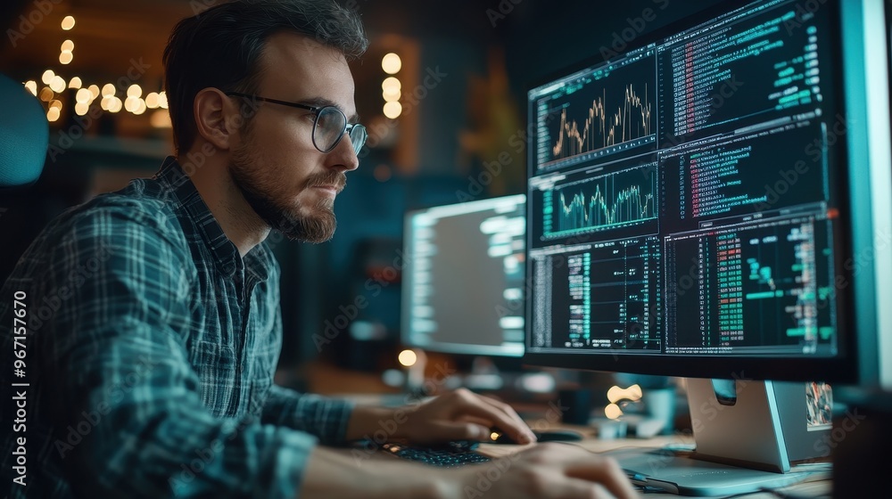Poster focused professional analyzing financial data on multiple monitors for effective risk management in 