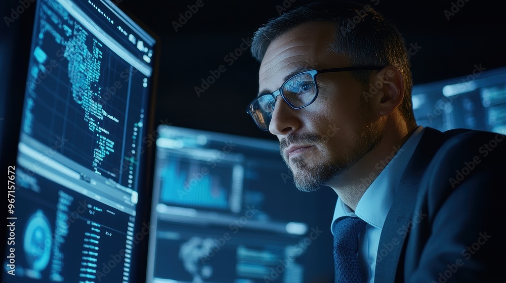 Aufkleber business professional analyzing data on multiple screens for effective risk management in a modern o