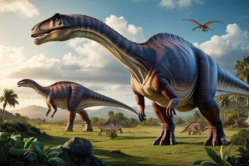 Fototapeta premium Dinosaurs in the Triassic Landscape Featuring Brachiosaurus in Lush Ancient Terrain