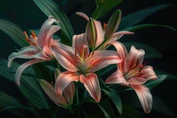 Fototapeta premium A group of pink flowers sit atop a lush green plant