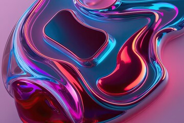 Vibrant Neon Fluid 3D Design with Metallic Accents and Translucent Shapes