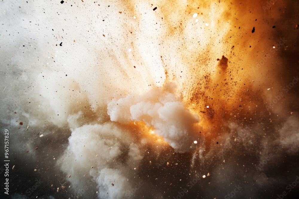 Poster a striking image depicting an explosion in mid-air, with smoke and fire spreading outwards, illumina