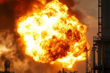 A dramatic image showing a massive fireball explosion in an industrial area, capturing the vast and powerful energy of the blast amidst towering structures and billowing smoke.