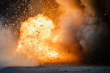An intense image of a blazing explosion, with debris flying in all directions against a dark background, capturing the raw energy and chaos of a powerful detonation.