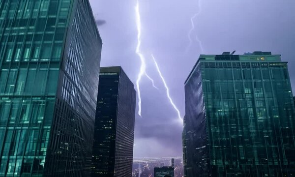 Dynamic night cityscape with dramatic lightning strikes among towering skyscrapers