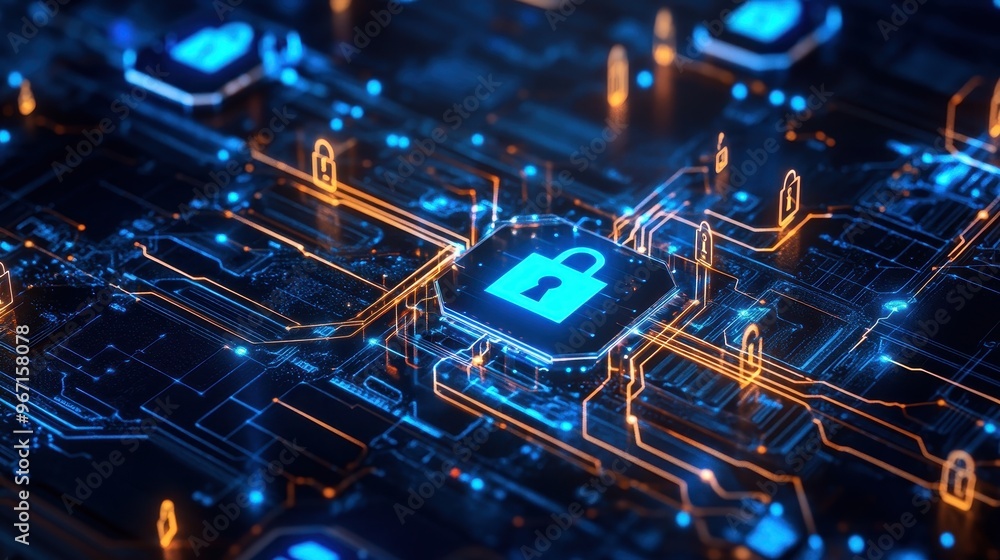 Poster digital risk management concept with secure lock icon on circuit board representing cybersecurity an