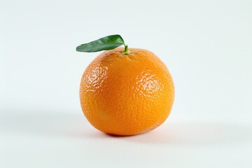 A single orange with a green leaf sitting on top