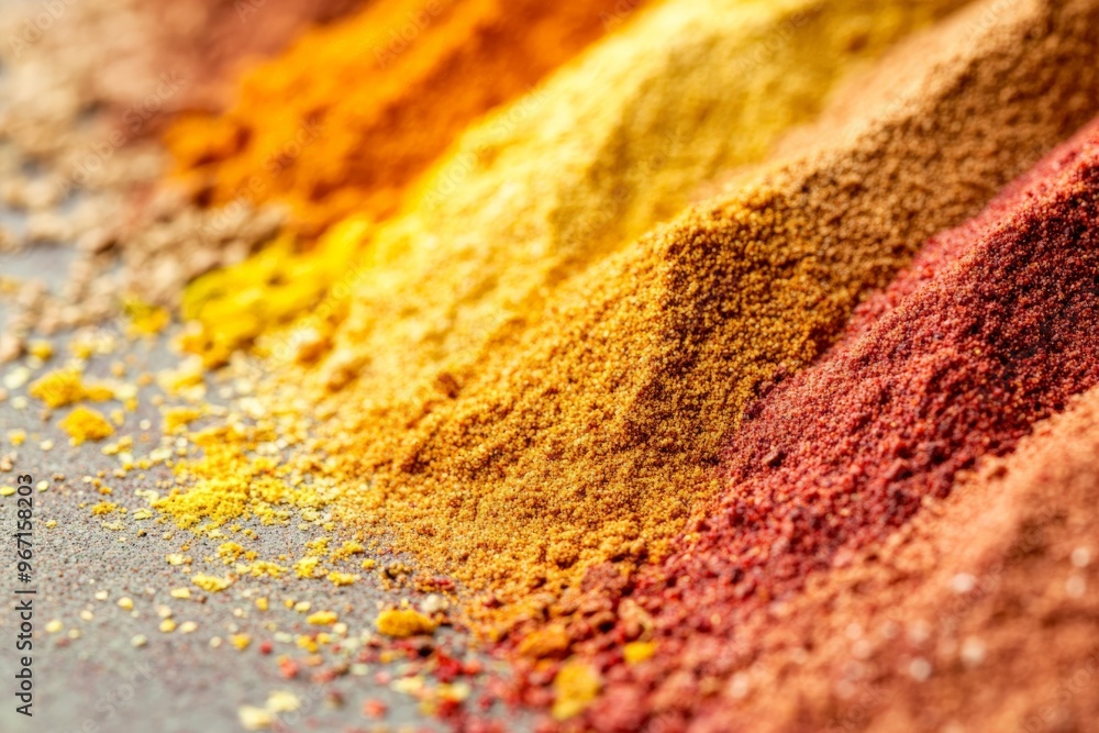 Poster A beautifully composed diagonal arrangement of assorted colorful spices, emphasizing the multitude of flavors and the aesthetics of culinary artistry.