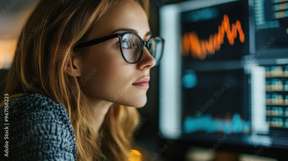Aufkleber focused professional analyzing data on computer screen for effective risk management in modern busin