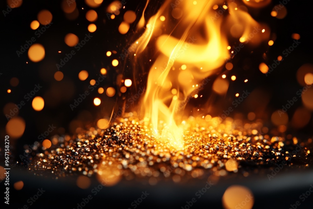 Poster a mesmerizing image of fiery flames intertwined with golden sparks, creating a vivid display of ligh