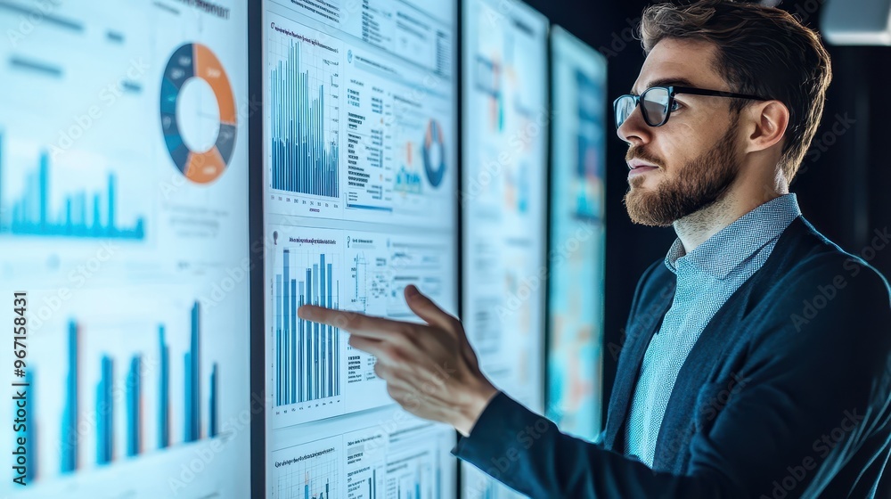 Poster business professional analyzing data on multiple screens for effective risk management in a modern o