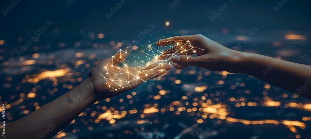 Poster human and robotic hands reach across glowing data streams, almost touching in digital connection