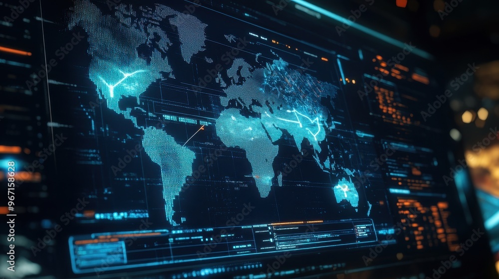 Poster global risk management concept with digital world map and data analytics interface