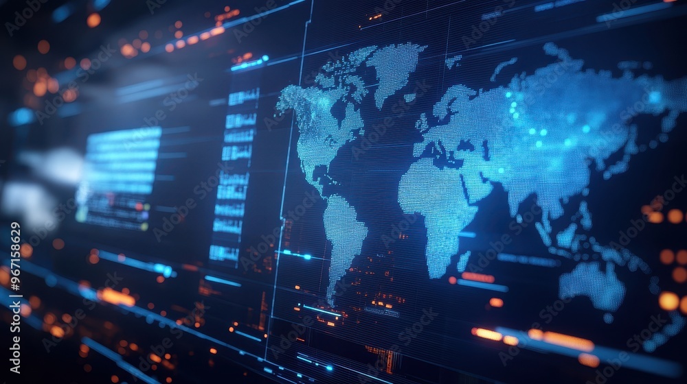 Poster global risk management concept with digital world map and data analytics visualization