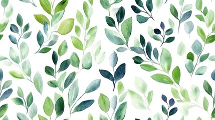 Seamless watercolor greenery pattern with floral texture on a white background