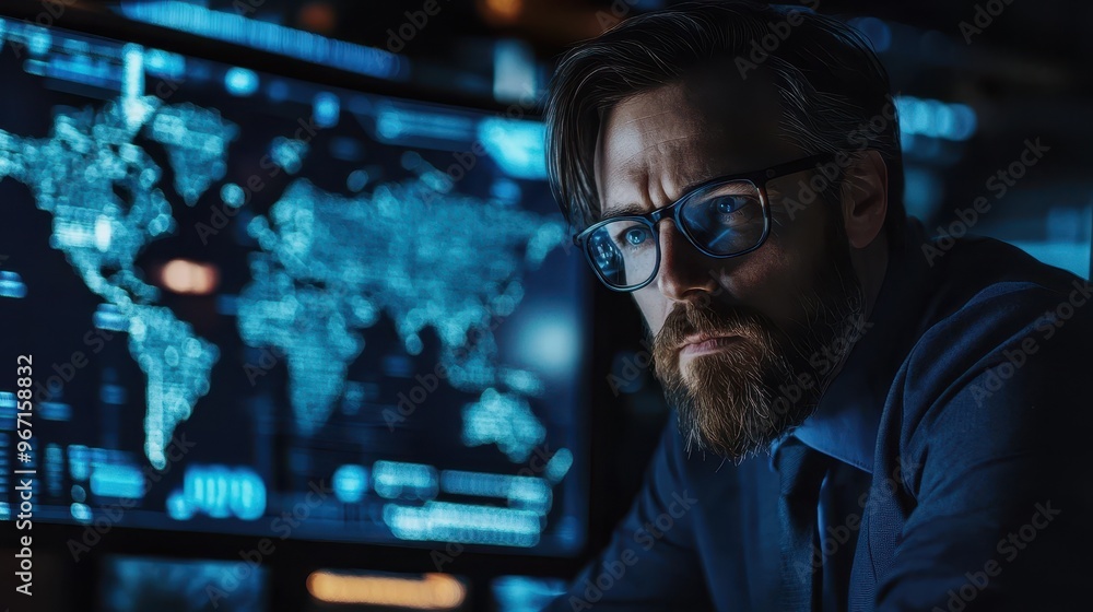 Poster business professional analyzing global risk management data on multiple digital screens in a modern 