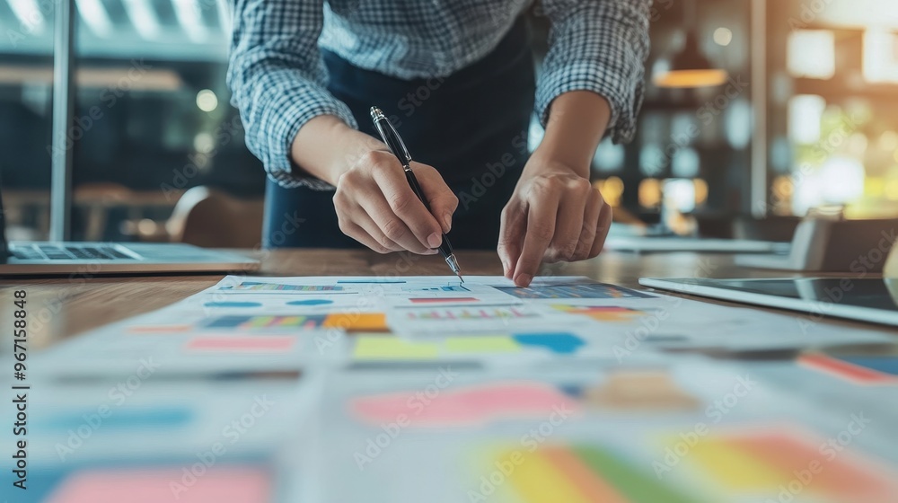 Poster business professional analyzing risk management data with charts and graphs in modern office setting