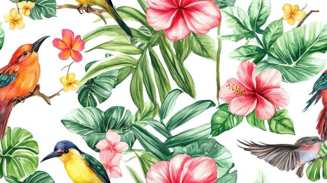 Seamless watercolor pattern featuring tropical flowers birds and leaves