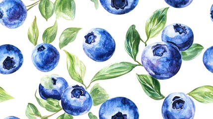 Seamless watercolor pattern featuring hand painted blueberries on a white background