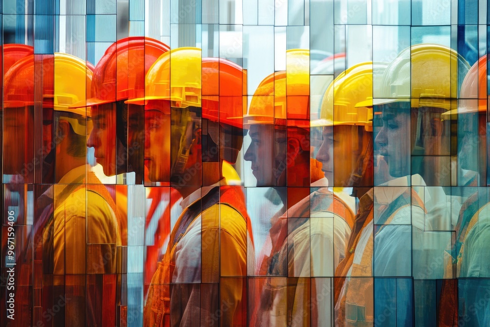 Wall mural Workers Reflected in a Glass Wall with Orange and Yellow Hard Hats