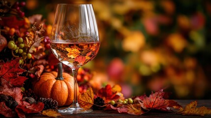 A beautiful wine glass filled with rose sits amidst vibrant Thanksgiving themed arrangement of autumn leaves, pumpkins, and berries, evoking warm, festive atmosphere. 