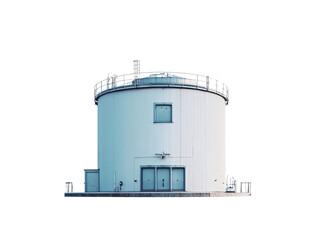 a white cylindrical building with a railing