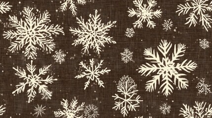 Seamless woven linen pattern featuring Christmas snowflakes Two tone brown background with a farmhouse frost theme Holiday textile design for repeated French Christmas motifs