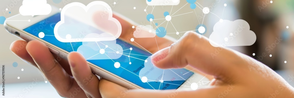 Poster womans hands navigating a smartphone with cloud computing interface and digital network graphics